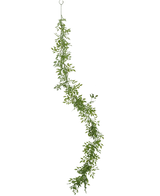 De Kunst slingerplant Bamboe 182 cm is een lange, groene slinger met weelderige, realistische bamboebladeren die verticaal aan een lus hangen en in zachte golven tegen een witte achtergrond cascaderen.