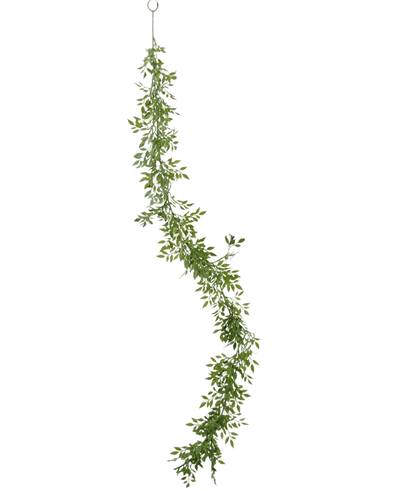 De Kunst slingerplant Bamboe 182 cm is een lange, groene slinger met weelderige, realistische bamboebladeren die verticaal aan een lus hangen en in zachte golven tegen een witte achtergrond cascaderen.