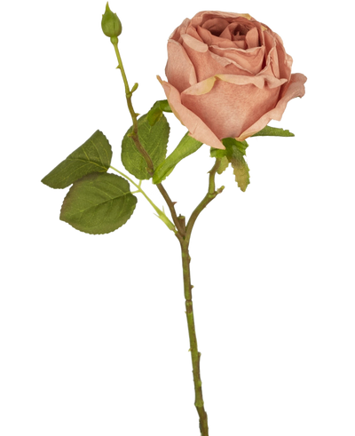 De Kunstroos Deluxe 45 cm roze heeft een gesloten knop, groene bladeren en een lange steel, en wordt getoond tegen een effen witte achtergrond.