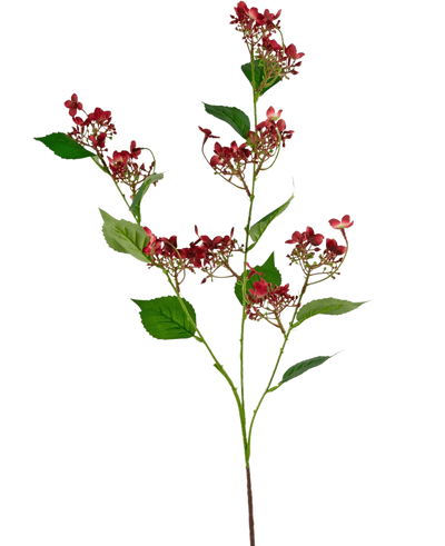 De Kunstbloem Wilde hortensia 86 cm rood heeft een hoge steel met trossen kleine, donkerrode bloemen en meerdere groene bladeren, afgebeeld tegen een witte achtergrond.