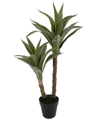 De Kunstplant Agave 76 cm heeft twee lange, dikke stelen met puntige groene bladeren die lijken op een agave, gepresenteerd in een zwarte plastic pot tegen een effen witte achtergrond.