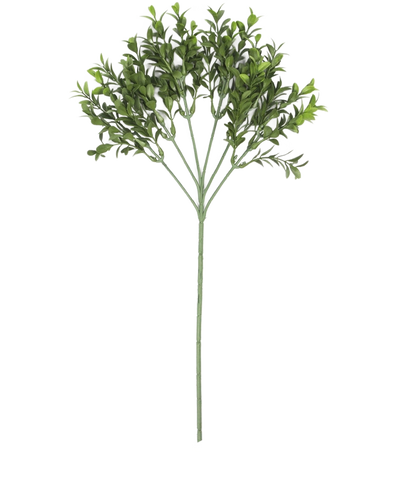 Een enkele Kunsttak Buxus 47 cm UV brandvertragend met meerdere takken van kleine, ovale bladeren wordt getoond tegen een effen witte achtergrond.