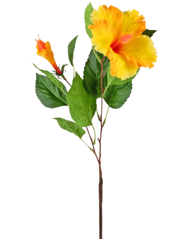 De Kunstbloem Hibiscus 64 cm geel heeft een enkele steel met levendige gele hibiscusbloemen en groene bladeren, afgebeeld tegen een witte achtergrond.