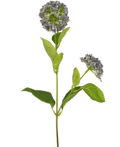 De Kunstbloem Sneeuwbal/Viburnum 70 cm paars heeft een enkele stengel met twee trossen kleine, lichtpaarse bloemen en enkele groene bladeren tegen een witte achtergrond.