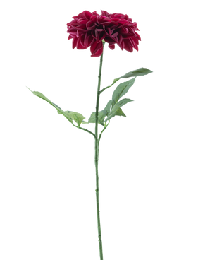The Artificial Flower Dahlia Real Touch Purple 72 cm has a single purple dahlia with layered petals and a long green stem with several leaves, against a plain white background.