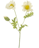 The Artificial Flower Poppy 73 cm white is an artificial flower stem with two open white poppy flowers, a closed bud, structured petals and green leaves against a plain white background.
