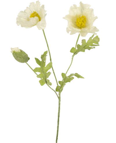 The Artificial Flower Poppy 73 cm white is an artificial flower stem with two open white poppy flowers, a closed bud, structured petals and green leaves against a plain white background.