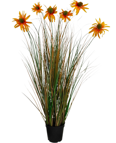 De Kunstgras chrysant uienpot 90cm brandvertragend is een kunstplant in pot met hoge, brandvertragende groene en bruine grasachtige bladeren met meerdere geeloranje margrietachtige bloemen op slanke stelen.