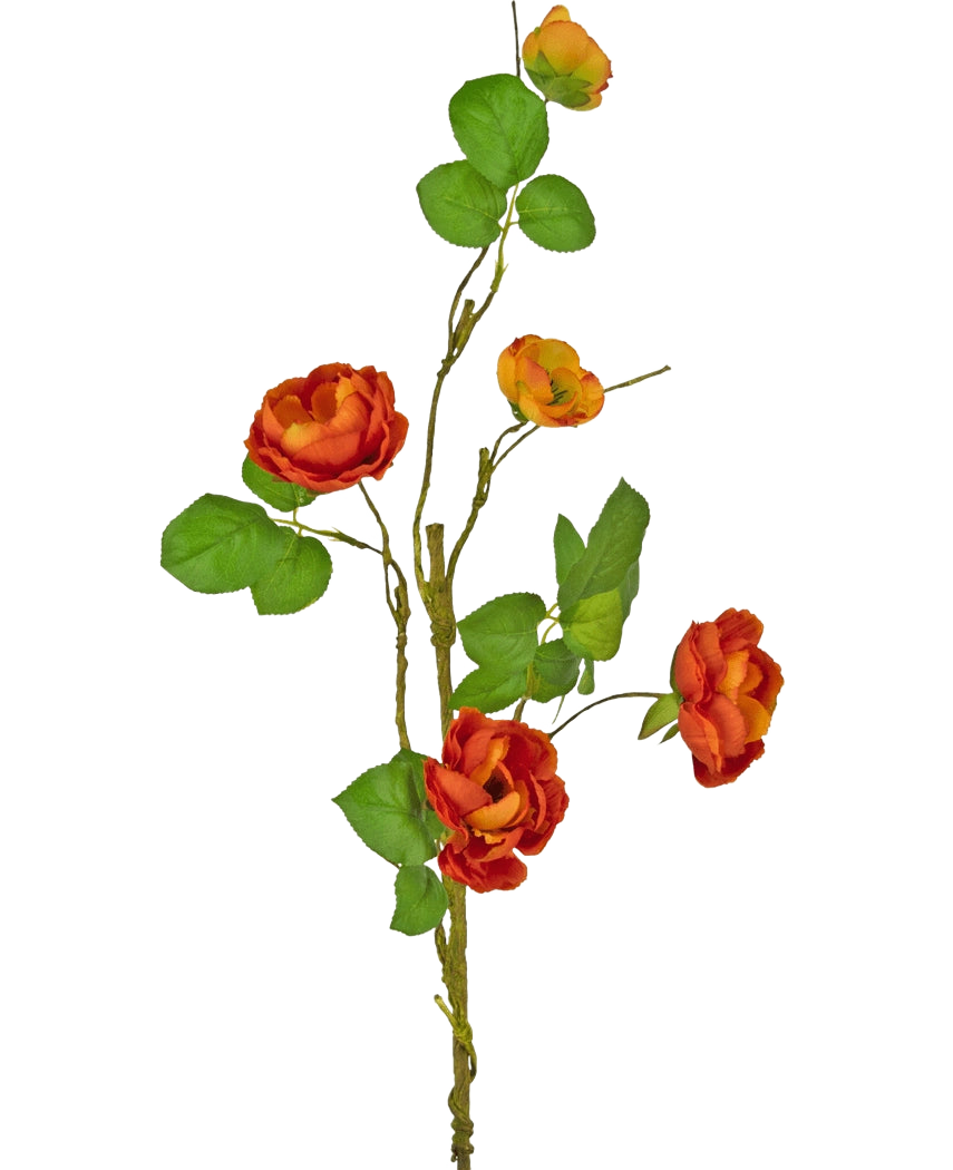 A single artificial rose branches 90 cm with several red artificial roses with green leaves against a plain white background.