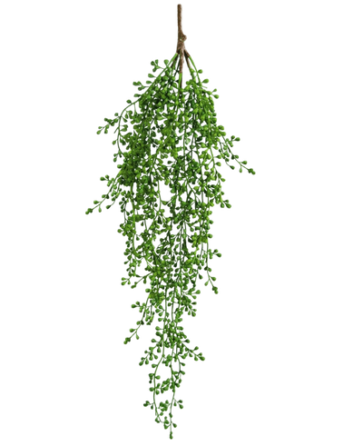 De Kunst hangplant Senecio 76 cm heeft een enkele tak van kunstgroen met kleine, trosvormige groene bladeren die elegant naar beneden hangen tegen een effen witte achtergrond.