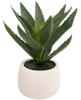 De Kunstplant Aloë Vera 28 cm wordt geleverd in een eenvoudige, ronde pot van wit keramiek, met levensechte groene, stekelige bladeren tegen een effen witte achtergrond.