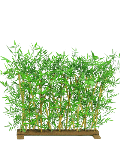 Het Kunstplant Bamboescherm UV 70x120 cm heeft levensechte groene bladeren en natuurlijke bamboestengels in een rechthoekige houten basis, perfect als decoratief scherm.