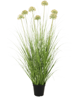 De Kunst Grasplant Ui 90 cm brandvertragend heeft lange, slanke groene bladeren en hoge stelen met ronde, lichtgroene trossen. Deze vlamvertragende kunstplant voegt blijvend groen toe aan elke ruimte.