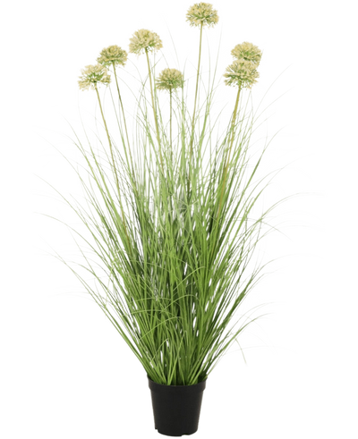 De Kunst Grasplant Ui 90 cm brandvertragend heeft lange, slanke groene bladeren en hoge stelen met ronde, lichtgroene trossen. Deze vlamvertragende kunstplant voegt blijvend groen toe aan elke ruimte.