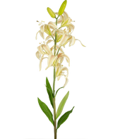 Een enkele hoge Kunstbloem Martagon Lelie 78 cm roze met roze leliebloemen en groene bladeren tegen een effen witte achtergrond; sommige bloemen zijn open terwijl twee knoppen aan de bovenkant gesloten blijven.