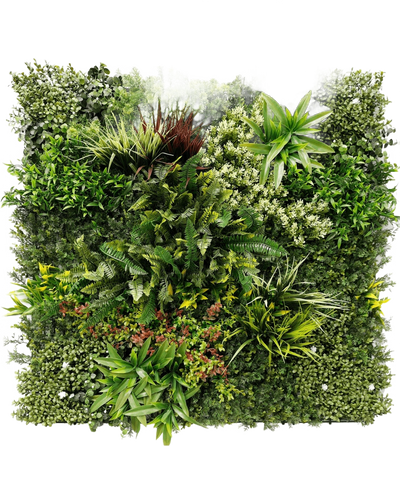 De Kunsthaag Prestiage 100x100 cm UV is een dicht verticaal tuinpaneel met verschillende groene planten en gebladerte in een vierkante opstelling, met verschillende bladvormen, -groottes en groentinten.