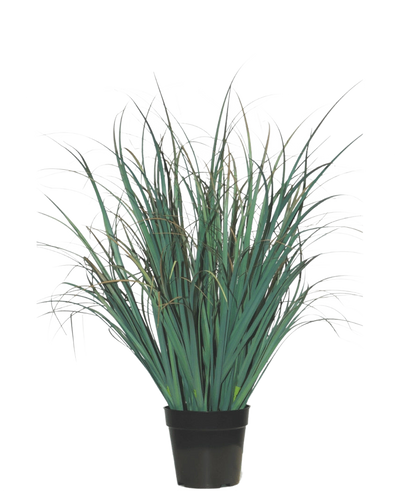 De Kunst Grasplant Gazon Groen 70 cm brandvertragend heeft lange, dunne groene bladeren in een zwarte pot, tegen een effen witte achtergrond-een stijlvolle kunstplant perfect voor moderne interieurs.
