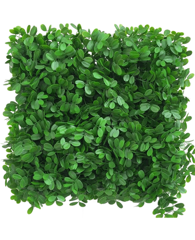 De Kunsthaag Schefflera 50x50 cm UV heeft een dichte vierkante patch van kunstgroene bladeren, gerangschikt om een gestructureerd, bladerig oppervlak tegen een witte achtergrond te creëren.