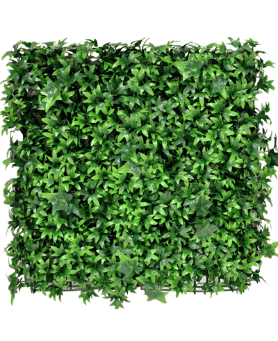 De Kunsthaag Klimop 50x50 cm UV is een vierkant paneel dicht bedekt met levendige groene kunstmatige klimopbladeren, die een weelderige, natuurlijke uitstraling geven tegen elke effen achtergrond.