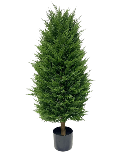 Voeg een vleugje tijdloze elegantie toe met de Kunstplant Conifeer deluxe UV 100 cm, met dicht heldergroen gebladerte en een klassieke conische vorm - perfect voor het verfraaien van elke ruimte tegen een eenvoudige witte achtergrond.