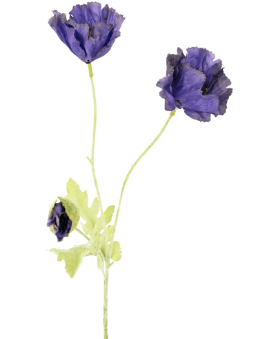 The Artificial Flower Poppy 73 cm has three delicate purple flowers - two open, one partially closed - with light green stems and leaves, against a plain white background.