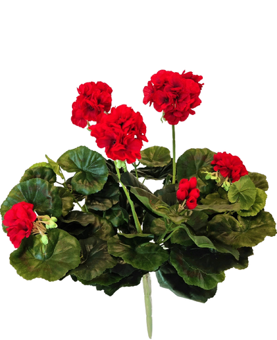 Een levendige tros Kunst Geranium van 40 cm met ronde groene bladeren op meerdere stelen, tegen een effen witte achtergrond.