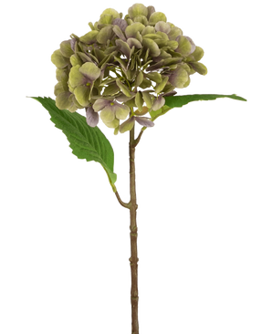 The Artificial Hydrangea Deluxe 55 cm green/purple has a single artificial hydrangea stem with green and purple petals and two green leaves on a plain white background.