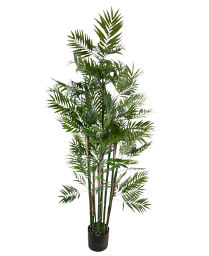 The Artificial Plant Parlor 180 cm is a tall artificial palm with multiple slender stems and vibrant green leaves in a small black pot, against a white background.