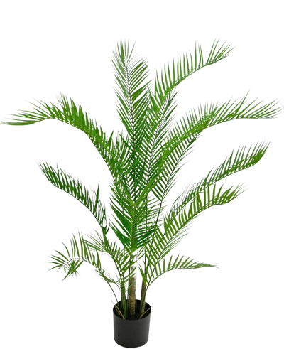 De Kunstplant Chamaedorea 120 cm is een kunstpalm met lange, slanke groene bladeren in een zwarte ronde pot, tegen een effen witte achtergrond.