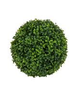 Top view of the Artificial Plant Boxwood roman style UV D30cm, a round, dense artificial boxwood ball with green leaves, against a plain white background.