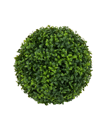 Top view of the Artificial Plant Boxwood roman style UV D30cm, a round, dense artificial boxwood ball with green leaves, against a plain white background.