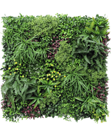 De Kunsthaag Wonderland 100x100 cm UV is een vierkante verticale tuin met een dichte mix van groene en paarse bladeren, varens en kleine gele bloemen in een weelderige, gestructureerde opstelling.