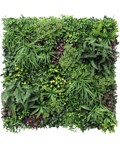 De Kunsthaag Wonderland 100x100 cm UV is een vierkante verticale tuin met een dichte mix van groene en paarse bladeren, varens en kleine gele bloemen in een weelderige, gestructureerde opstelling.