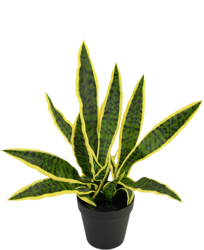 Een Kunstplant Sansevieria Laurentii 44 cm in sierpot met lange, rechtopstaande groene bladeren, gele randen en donkere strepen wordt getoond tegen een effen witte achtergrond.