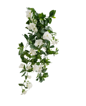 The Artificial hanging plant Petunia 70 cm white has green leaves and white trumpet-shaped flowers in a cascading vine-like design, against a plain white background.