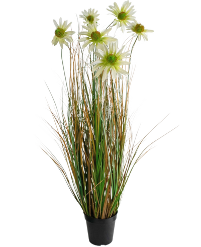 De Kunstgras chrysant uienpot 90cm brandvertragend is een kunstplant in pot met lange groene en bruine grasachtige bladeren, met daarop witte margrietbloemen met een geel hart.