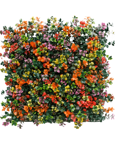 De Kunsthaag Pachysandra multi-color 50x50 cm UV is een vierkant paneel met dichte kunstgroene bladeren en kleine oranje, roze, gele en paarse bloemen voor een kleurrijk, levendig verticaal tuineffect.