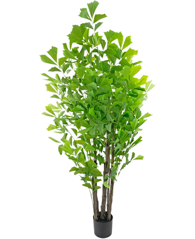 De Kunstplant Fishtailpalm 210 cm is een hoge kunstplant in pot met meerdere bruine stengels en weelderige groene bladeren, gepresenteerd in een kleine zwarte pot tegen een witte achtergrond.
