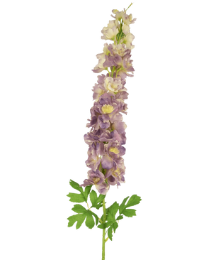 The Artificial Flower Delphinium 105 cm lilac is an artificial stem of light purple and cream delphinium flowers with green leaves, against a white background.