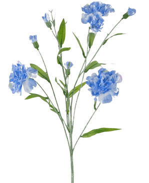De Kunstbloem Anjer tros 70 cm blauw heeft een delicate steel met meerdere lichtblauwe anjerbloemen en groene bladeren, tegen een effen witte achtergrond.