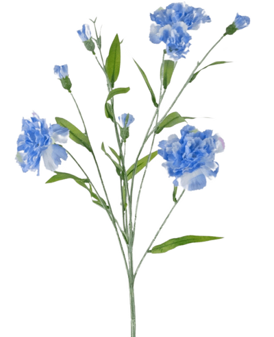 De Kunstbloem Anjer tros 70 cm blauw heeft een delicate steel met meerdere lichtblauwe anjerbloemen en groene bladeren, tegen een effen witte achtergrond.
