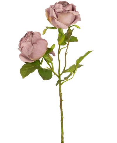 Een enkele Kunstroos Deluxe 55 cm paars steel met twee stoffig mauve rozen en groene bladeren, tegen een effen witte achtergrond.