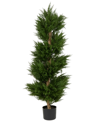 An Artificial Plant Conifer Spiral UV 120 cm, a high, spiral-shaped artificial conifer with dense, dark green leaves and a straight trunk, depicted against a plain white background.