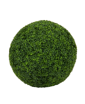 De Kunstplant Buxus romeinse stijl UV D65cm is een perfect ronde kunstvorm bal met kleine, dichte groene bladeren, perfect voor decoratief gebruik binnen of buiten.
