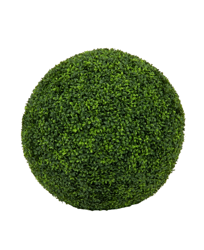 De Kunstplant Buxus romeinse stijl UV D65cm is een perfect ronde kunstvorm bal met kleine, dichte groene bladeren, perfect voor decoratief gebruik binnen of buiten.