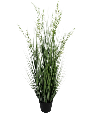 The Artificial Grass Millet-Onion Grass Bonsai 120cm fire retardant has high, slender green blades and small white flowers in a simple black pot, against a plain white background.