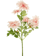 De Kunstbloem Dahlia 68 cm roze heeft een enkele groene steel met verschillende lichtroze dahlia bloemen en groene bladeren, tegen een effen witte achtergrond.