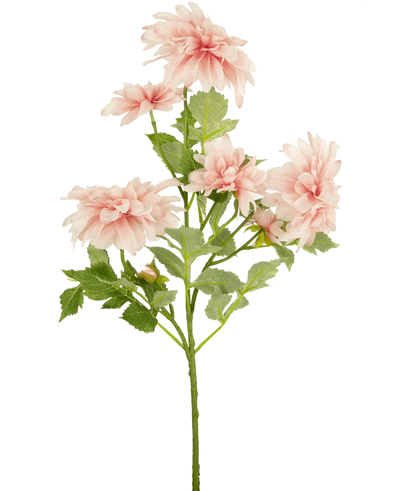 De Kunstbloem Dahlia 68 cm roze heeft een enkele groene steel met verschillende lichtroze dahlia bloemen en groene bladeren, tegen een effen witte achtergrond.