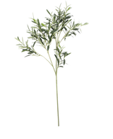 The Artificial olive leaf 90 cm UV, with slim green leaves and a long stem, stands out against a white background for a subtle Mediterranean atmosphere.