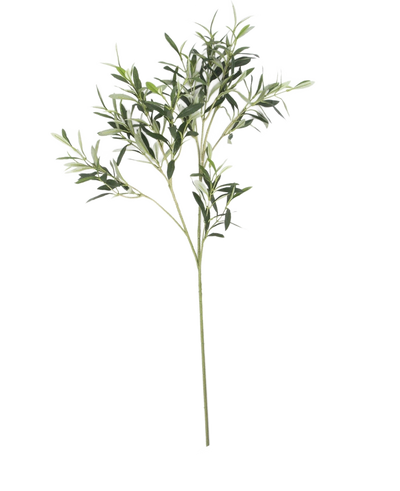 The Artificial olive leaf 90 cm UV, with slim green leaves and a long stem, stands out against a white background for a subtle Mediterranean atmosphere.